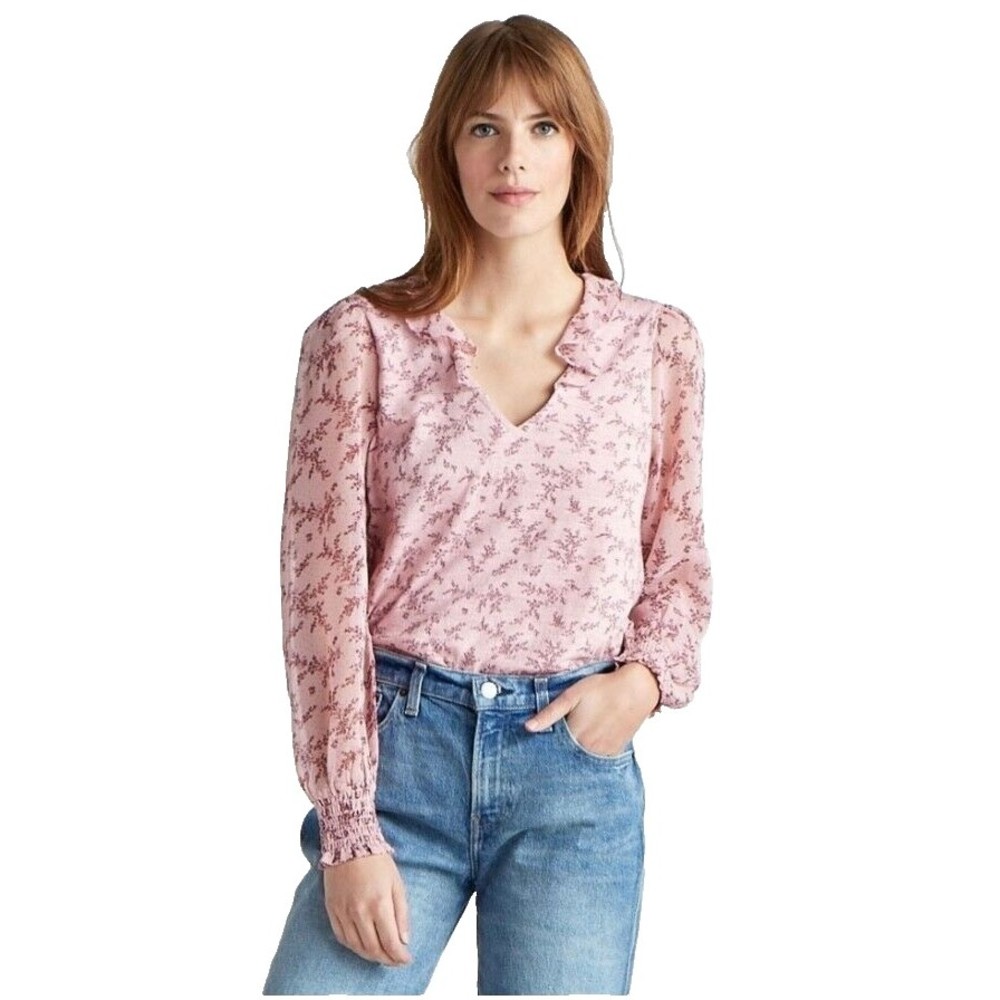 Lucky Brand pink floral Peasant Boho Mixed media V neck  ruffle blouse top SZ L